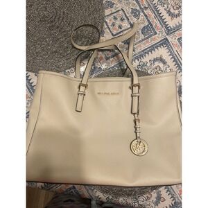 Michael Kors Jet Set Travel Saffiano Leather Tote Bag Cream Gold Hardware